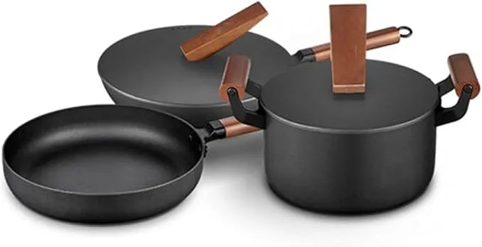 3-piece AVLUZ nonstick cast iron cookware set with wooden handles and lids for home cooking.