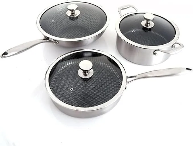 3-piece AVLUZ stainless steel nonstick cookware set with glass lids and easy-clean design.