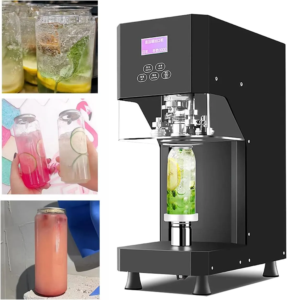 Adjustable diameter commercial automatic cup sealing machine for various cup sizes.