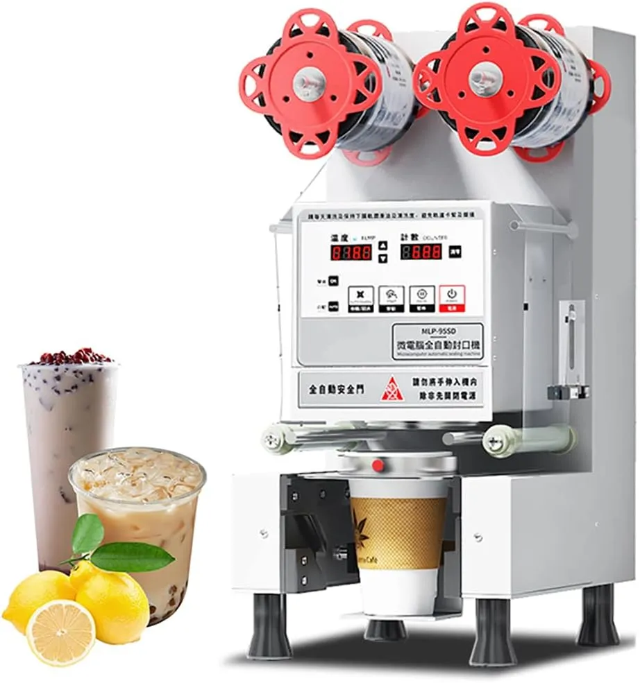Adjustable diameter industrial automatic cup sealer machine for commercial beverage use.