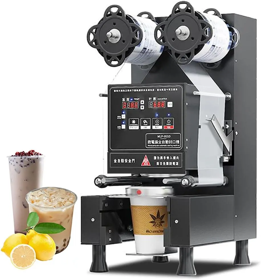 Adjustable diameter professional automatic cup sealer machine for various cup sizes.
