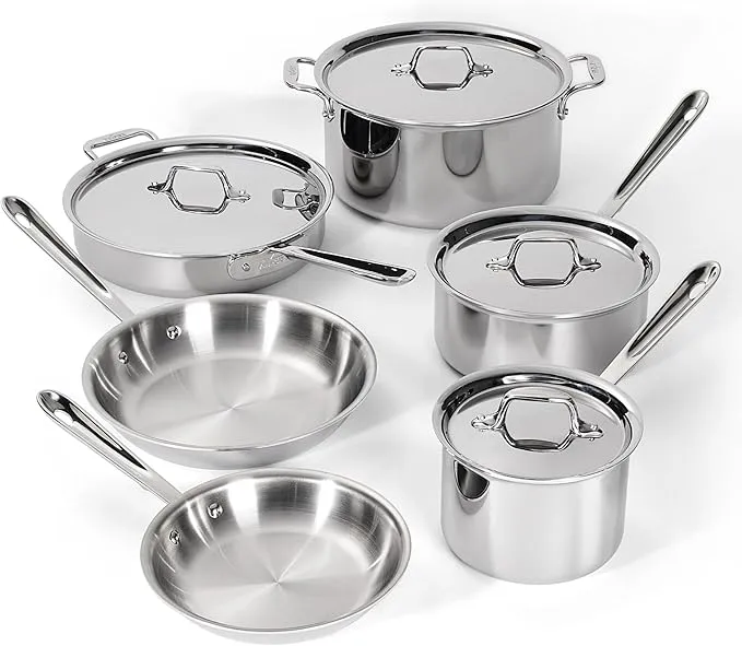 All-Clad 10-piece stainless steel tri-ply cookware set, metallic finish, dishwasher safe.