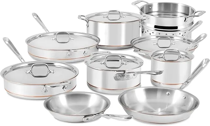 All-Clad Copper Core 15-piece 5-ply stainless steel cookware set, induction and oven safe.