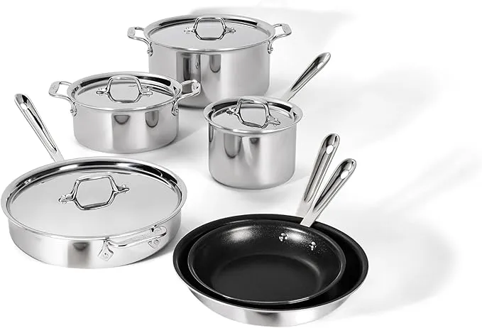 All‑Clad D3 3‑Ply Stainless Steel Nonstick Cookware Set – 10‑Piece, Silver Finish