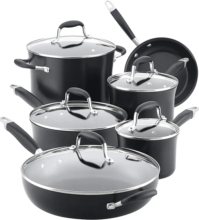 Anolon 11-piece hard anodized nonstick cookware set in black, model 84750.