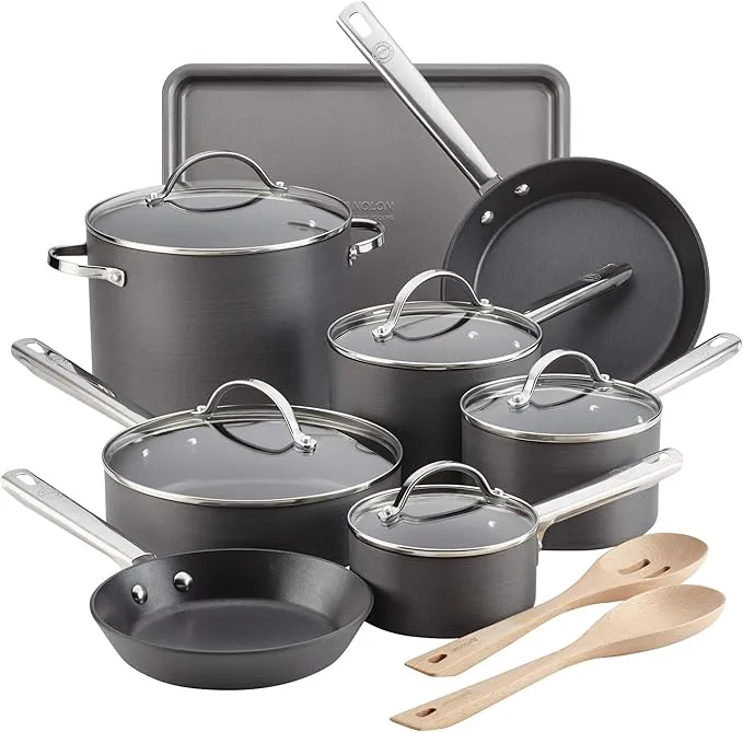 Anolon 15-piece professional hard-anodized nonstick cookware set with pots and pans.