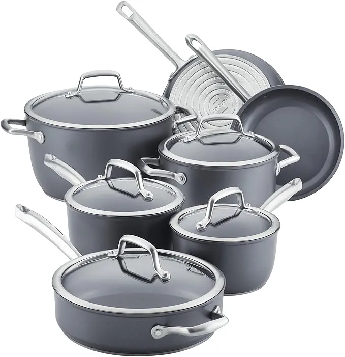 12-piece Anolon Accolade hard-anodized cookware set with Moonstone nonstick pots and pans and glass lids.