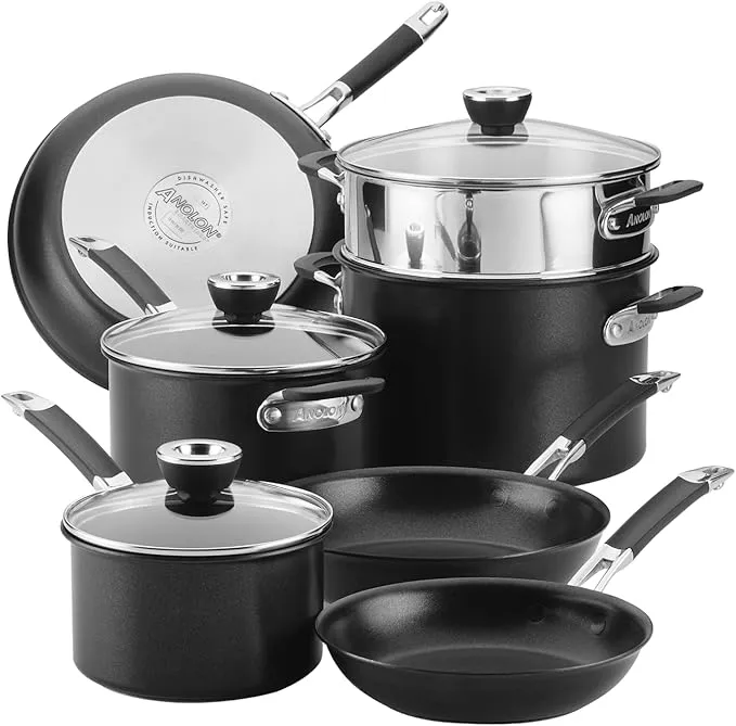 Anolon Bla SmartStack 10-piece hard-anodized nonstick cookware set in black.