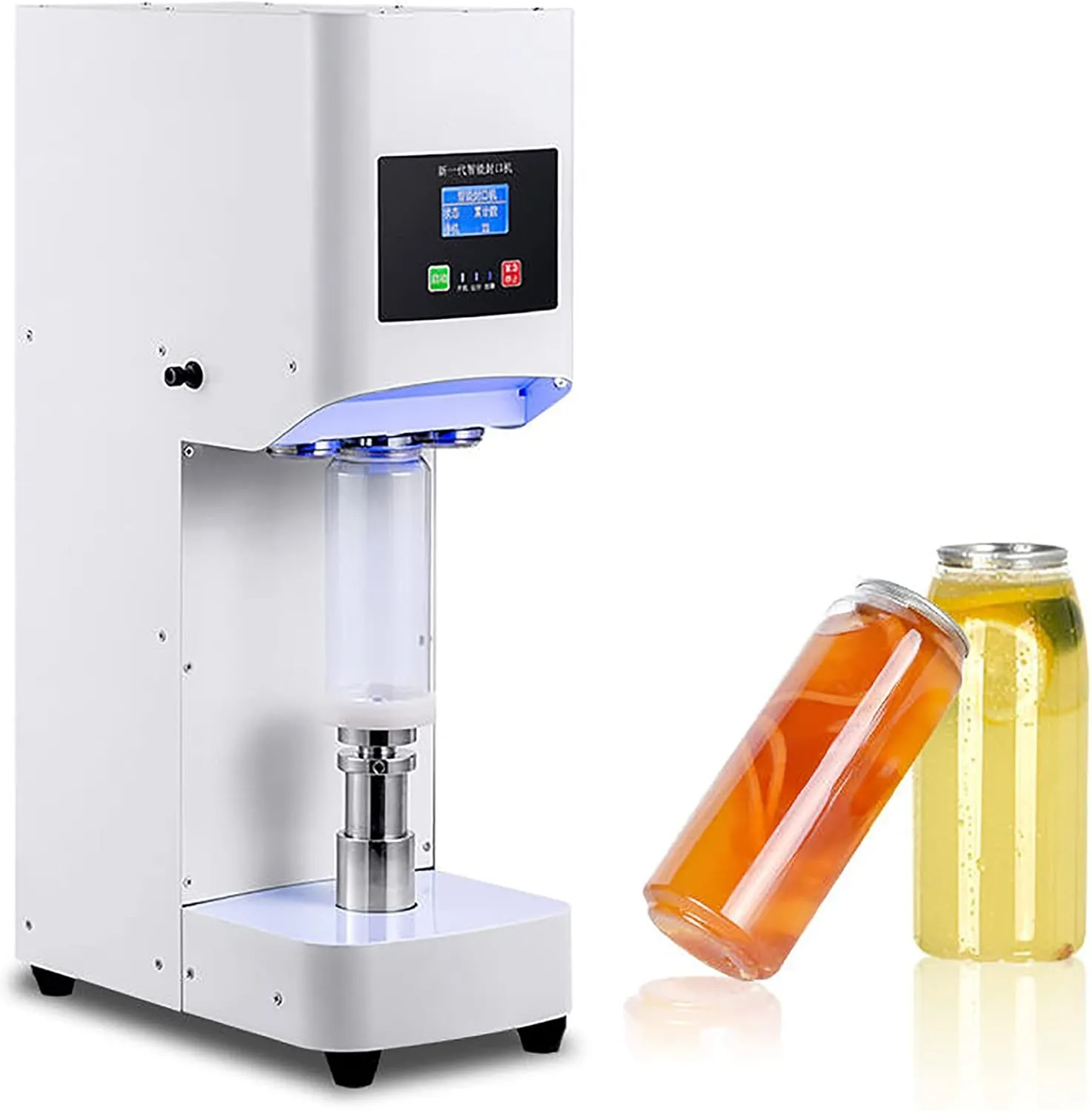 Automatic beverage cup and bottle sealing machine for commercial beverage packaging.