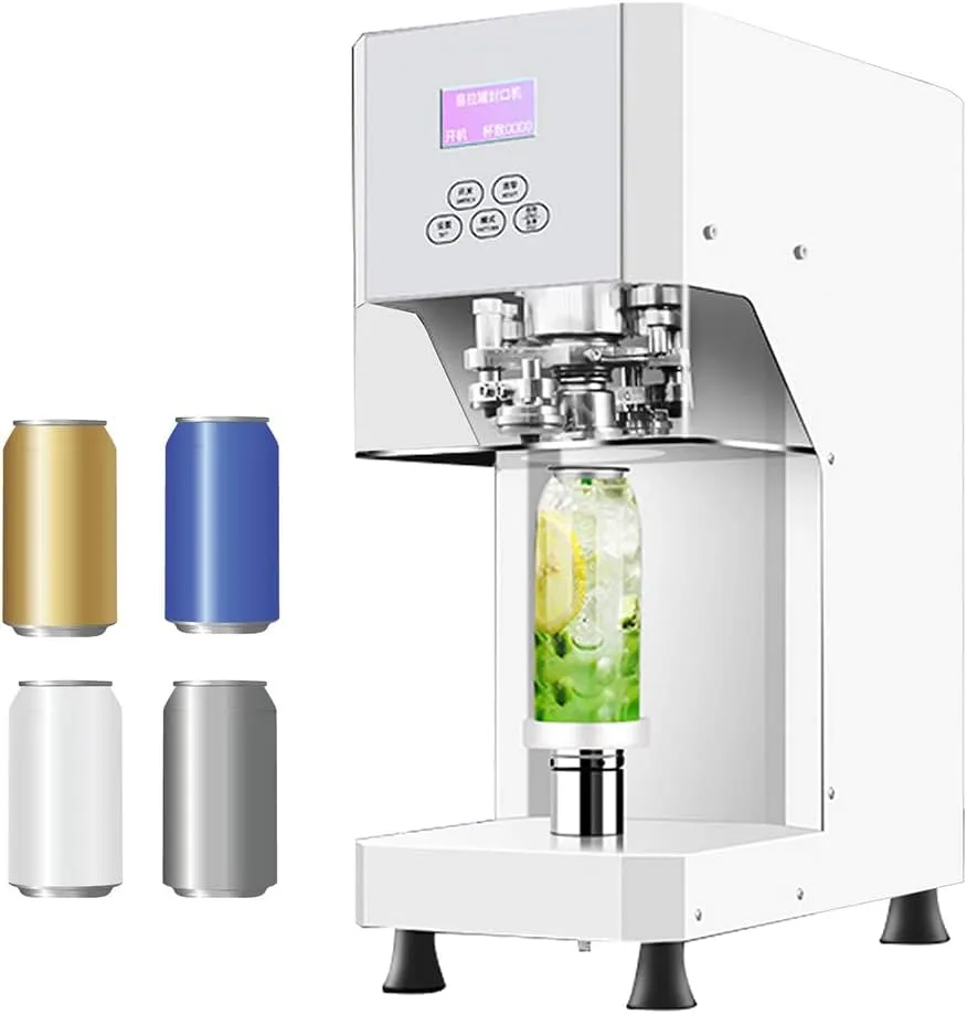 Automatic commercial cup and bottle sealing machine with digital count for beverage packaging.