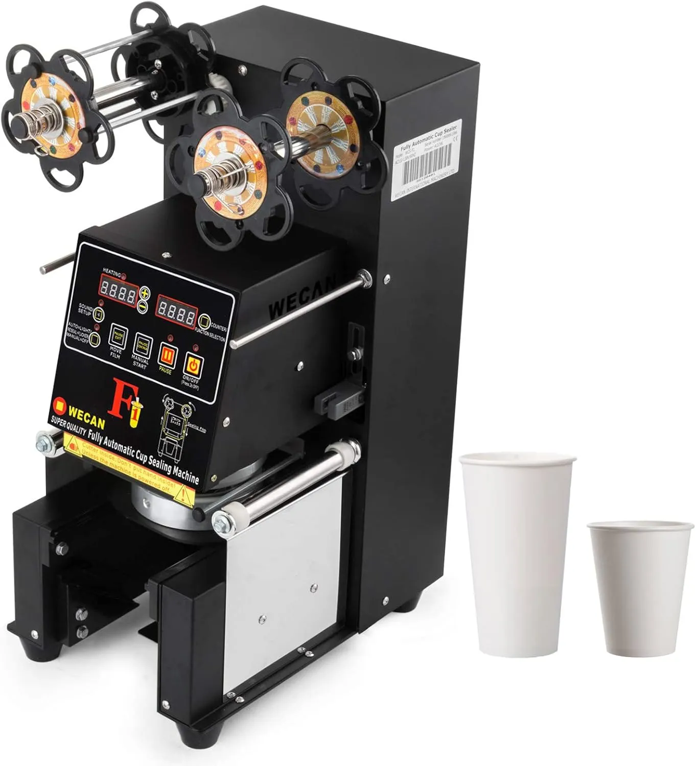 Automatic commercial cup sealer machine with digital counter for beverage packaging.