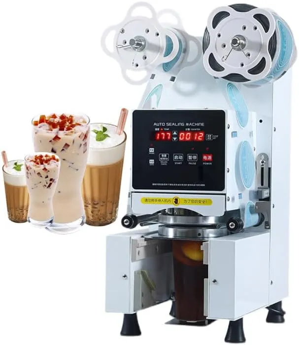 Automatic commercial cup sealing machine with digital control for beverage packaging.