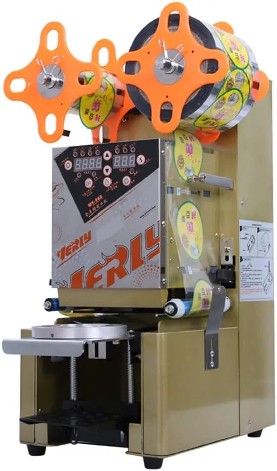 Automatic commercial cup sealing machine with digital counter for professional beverage service.