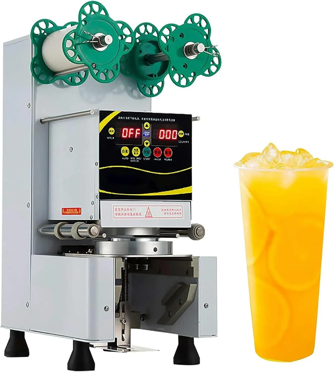 Automatic commercial electric cup sealing machine with intelligent controls for beverage packaging.