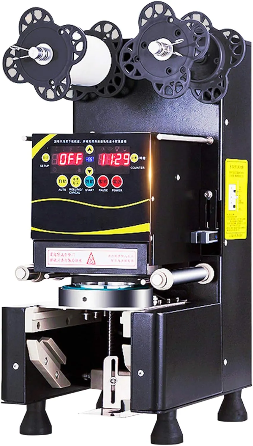 Automatic commercial cup and bottle sealing equipment for professional beverage packaging.