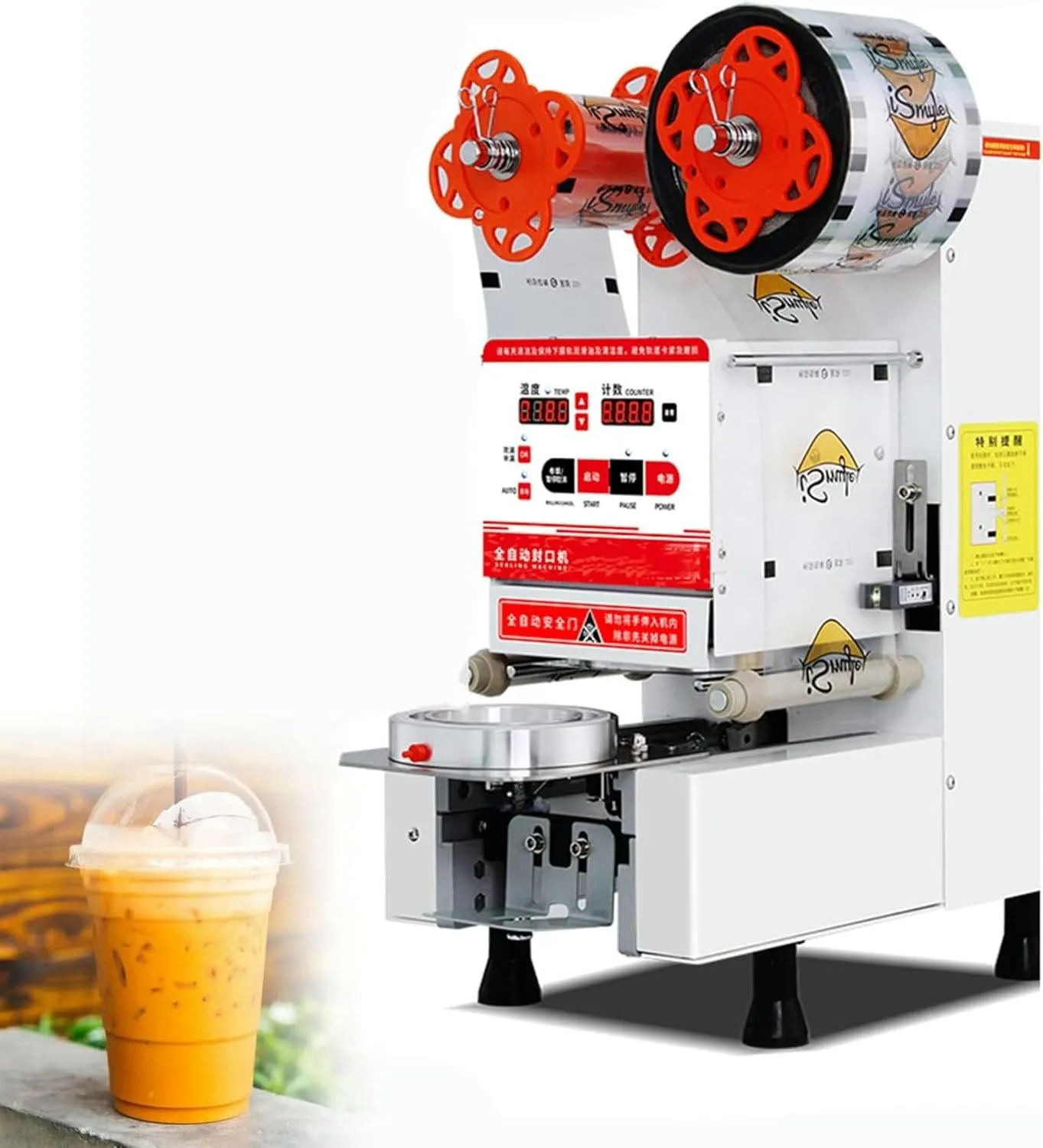 Automatic commercial cup and bottle sealing machine with digital control for beverage packaging.