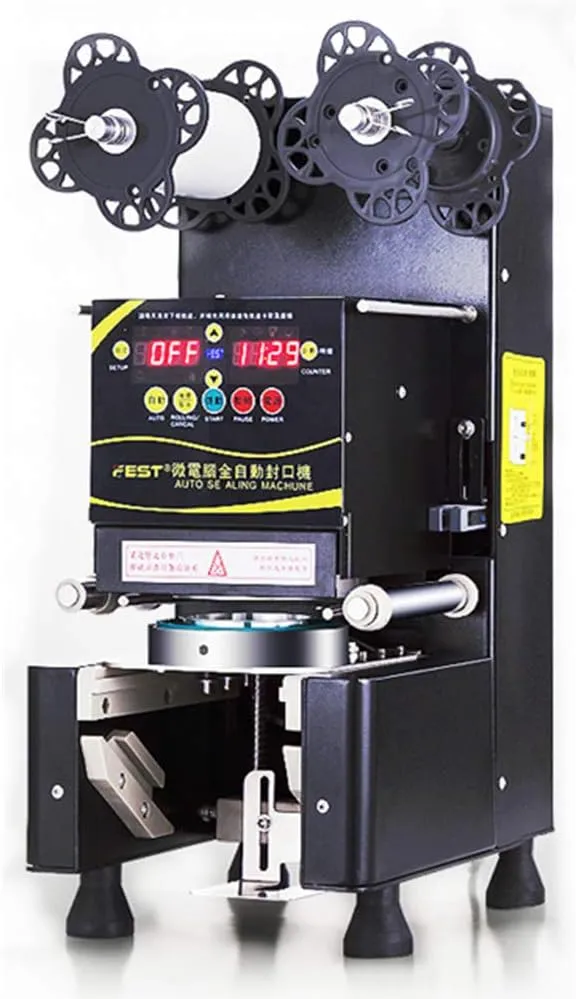 Automatic compact electric cup sealer machine for small-scale beverage sealing.