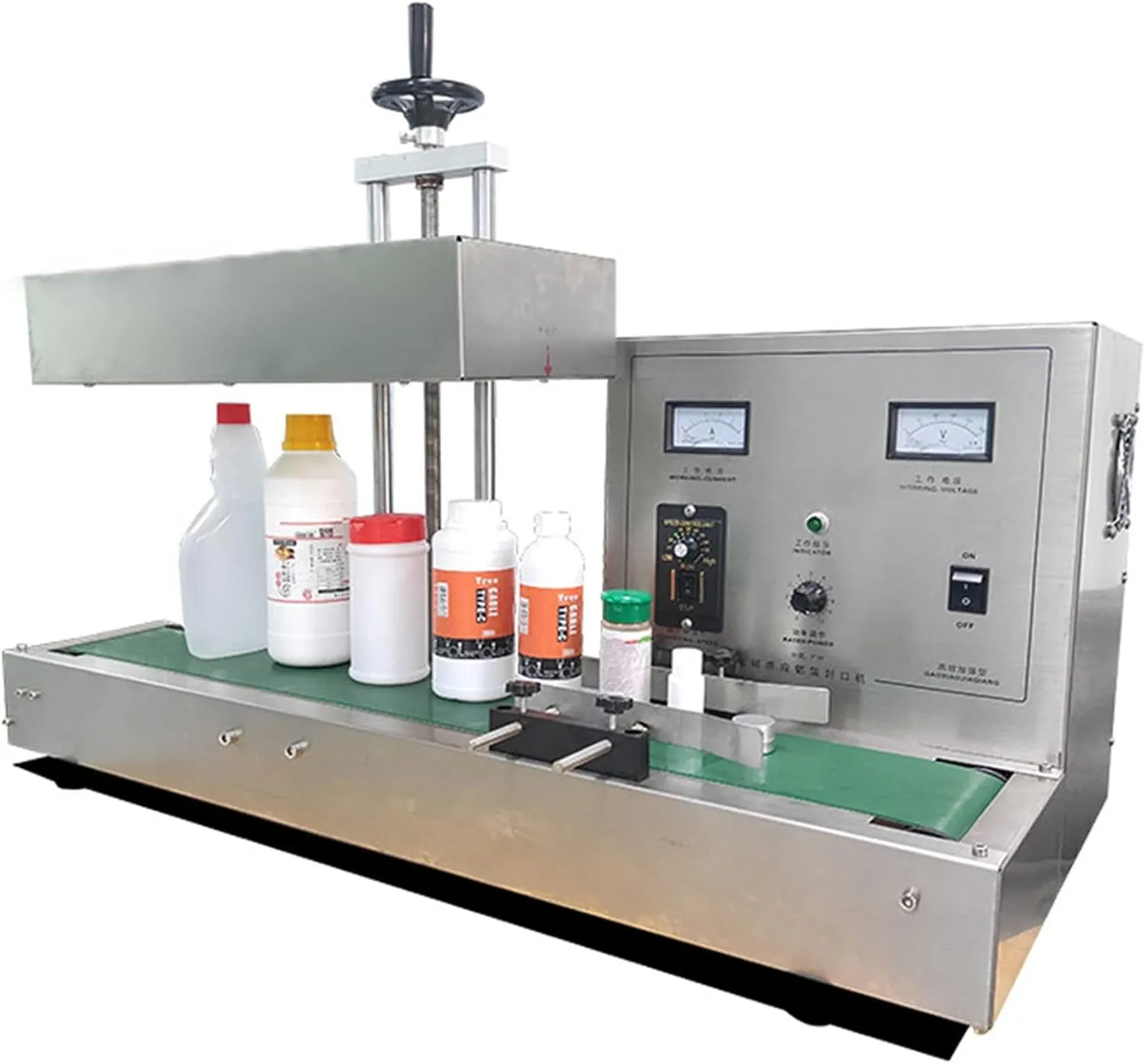 Automatic continuous electromagnetic induction sealing machine for industrial packaging.