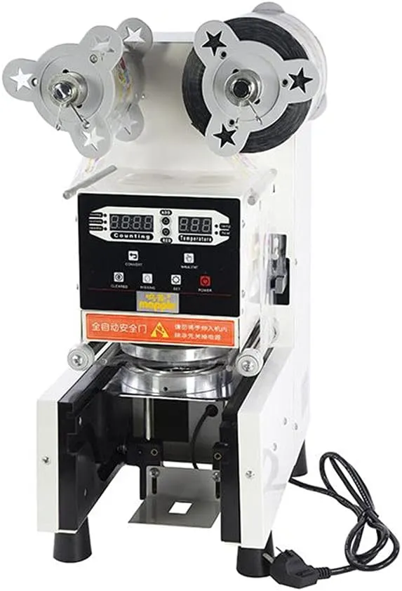 Automatic digital cup sealer machine designed for universal commercial beverage use.