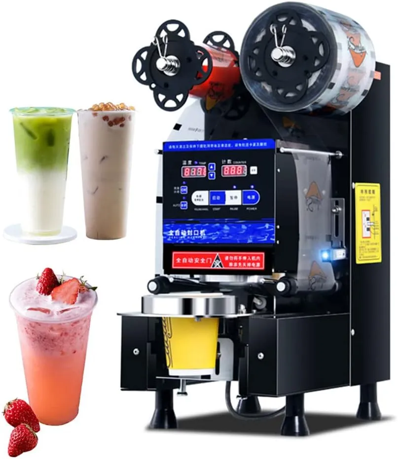 Automatic electric cup sealer machine with adjustable diameter for various cup sizes.