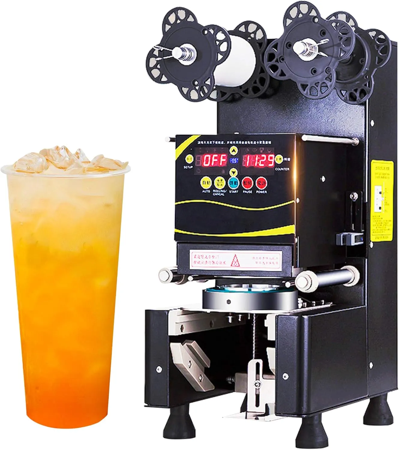Automatic electric cup sealing machine with digital panel for commercial beverage packaging.