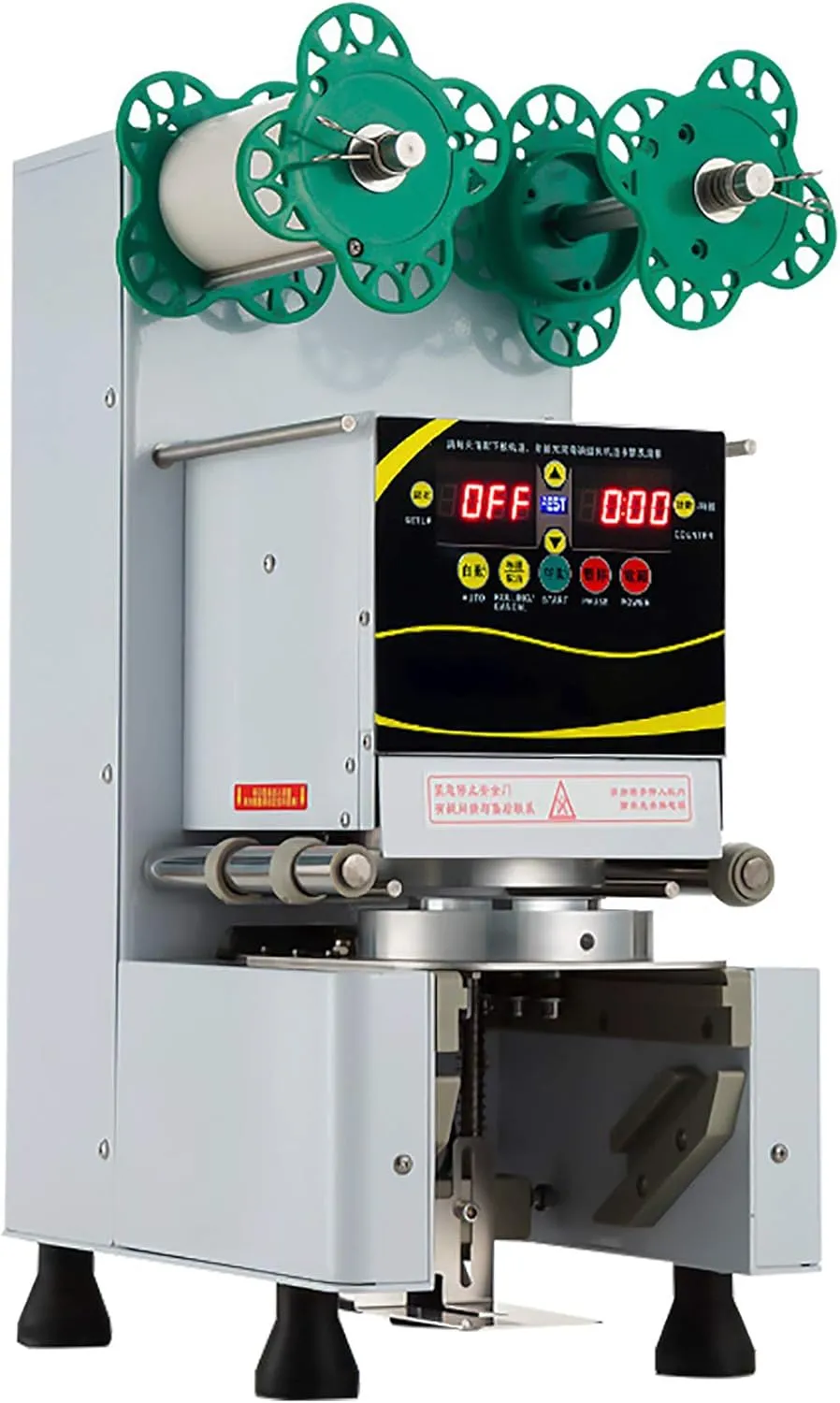 Automatic electric cup sealing machine for commercial beverage packaging.