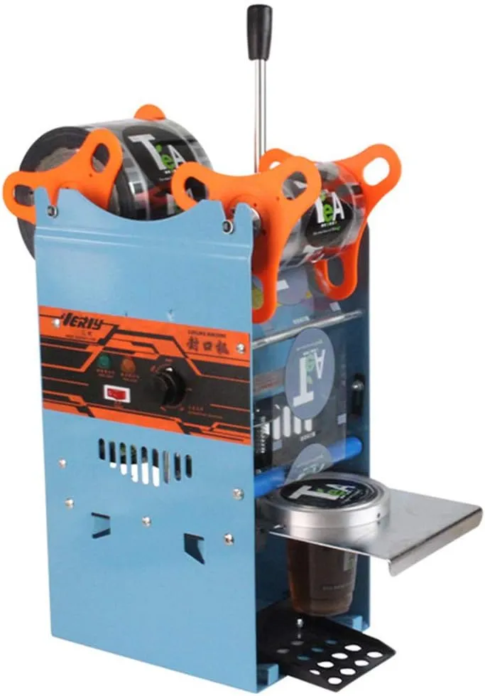 Automatic handheld electric cup sealer machine for sealing beverages on the go.