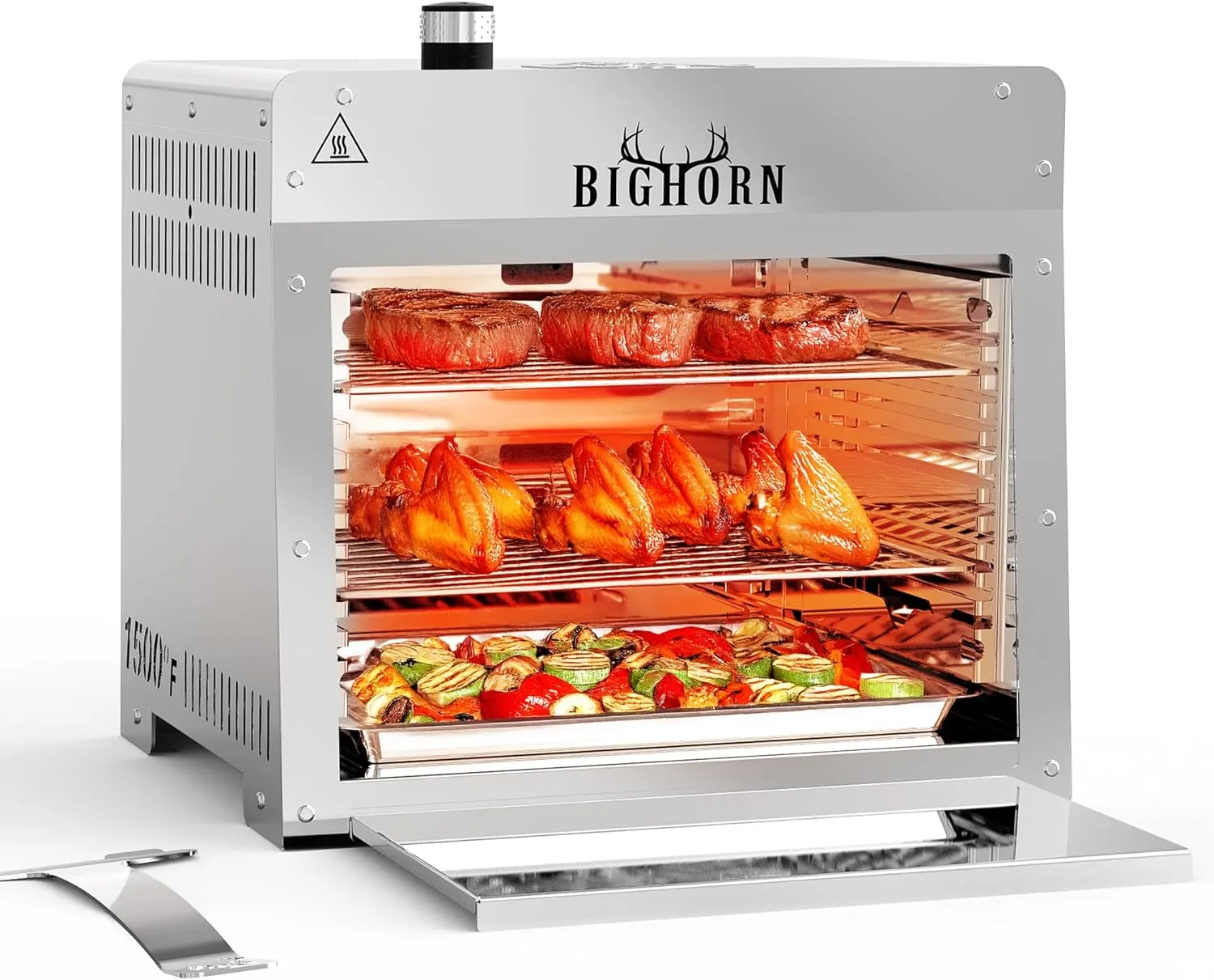 BIG HORN OUTDOORS portable infrared propane grill reaching 1500°F for high-heat steak broiling.