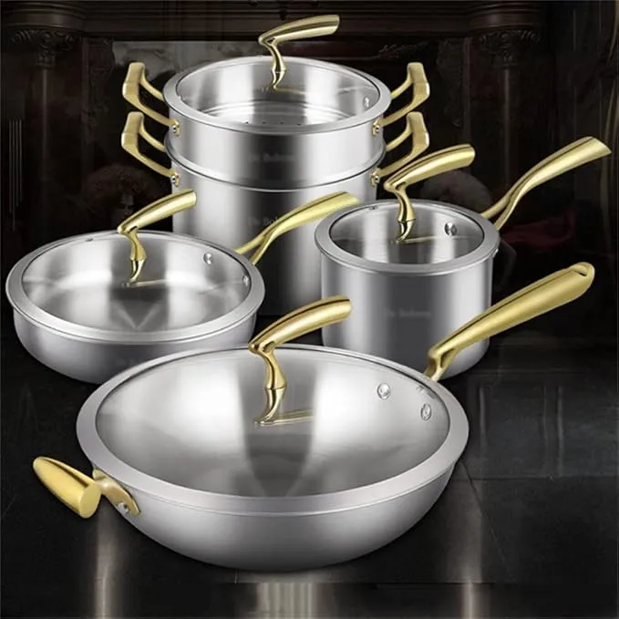BaiBnn 304 stainless steel 9-piece kitchen utensils set with steamer, wok, milk pan, and frying pan.