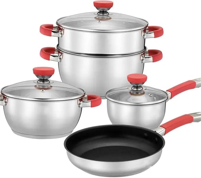 BaiBnn 8-piece stainless steel cookware set with nonstick casserole, milk pan, and steamer.