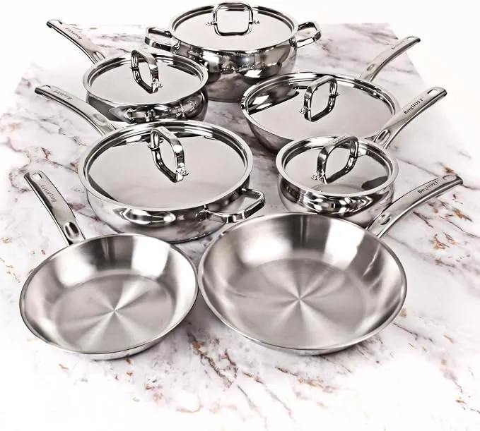 2-piece BergHOFF stainless steel cookware set, even heat distribution, oven and induction safe.