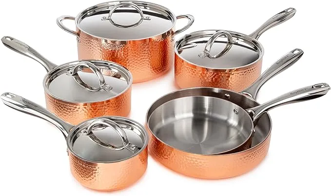 10-piece BergHOFF vintage copper tri-ply stainless steel cookware set in gold.