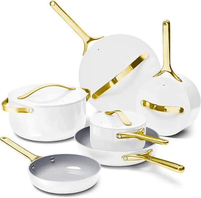 Caraway 16-piece nonstick ceramic cookware set with pots, pans, lids, and oven-safe design.