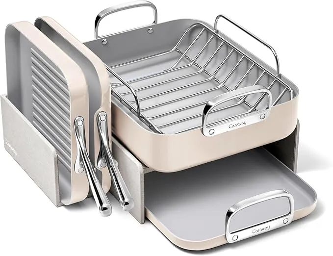 6-piece Caraway non-stick ceramic square cookware set in cream finish.