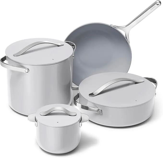 Caraway Cookware+ Specialty Set including petite cooker, stir fry pan, and stock pot in gray.