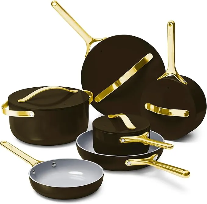 Caraway Deluxe 16-piece ceramic cookware set with pots, pans, and lids.