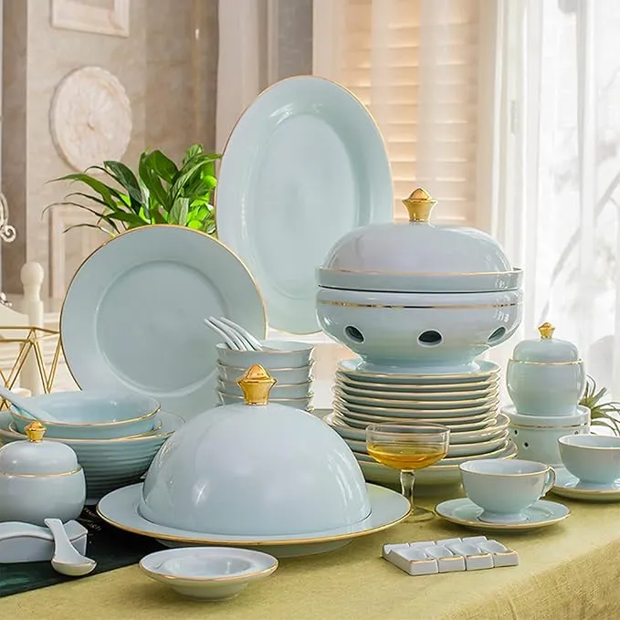 Celadon ceramic tableware set with 71-piece dinner plates.
