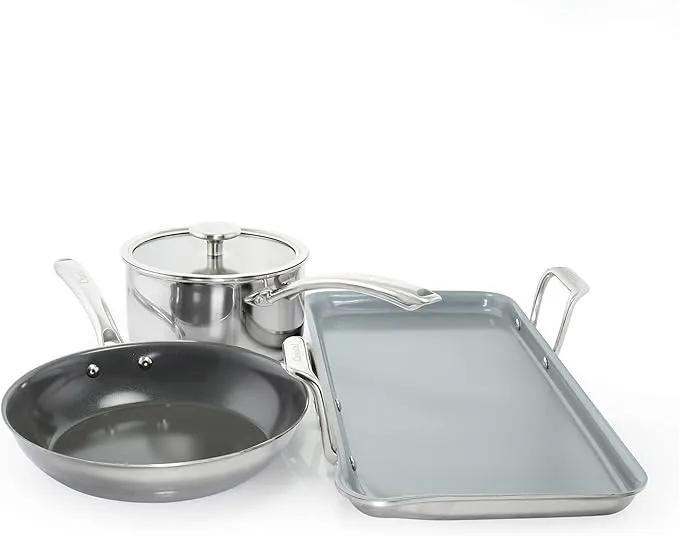 4-piece Chantal tri-ply stainless steel cookware set with ceramic nonstick surface.