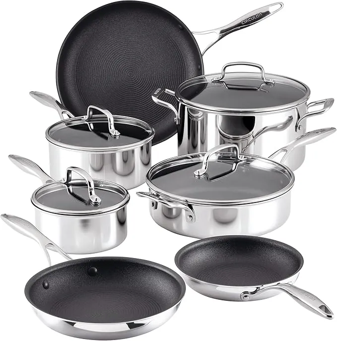 11-piece Circulon C1 stainless steel cookware set with ScratchDefense nonstick coating.