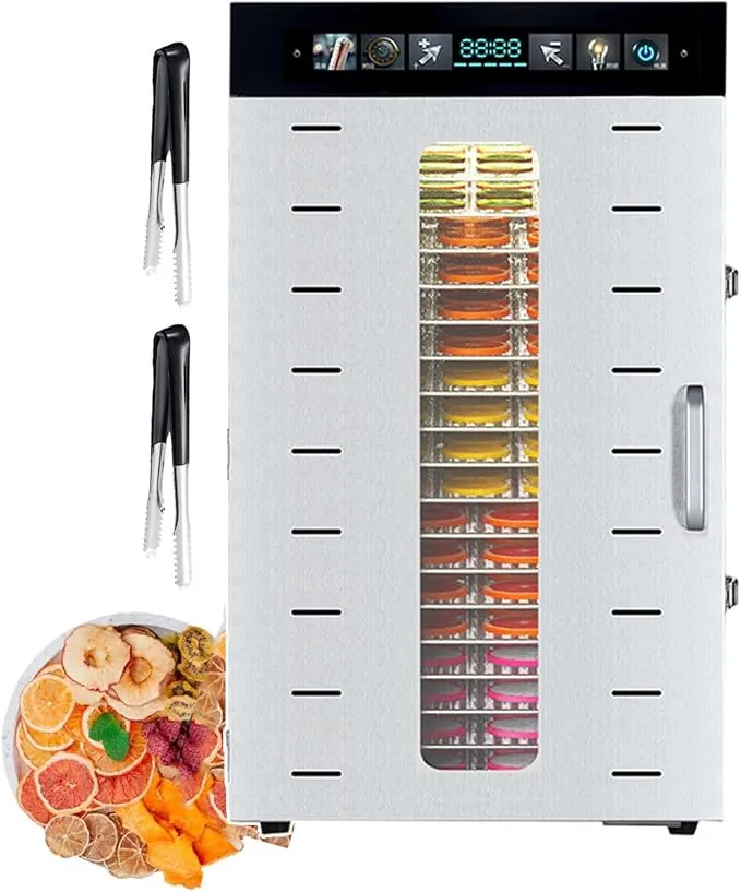 Commercial 16-layer stainless steel food dehydrator with fruit clips and 1350W power.
