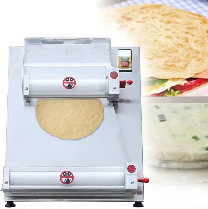Commercial 600W pizza dough roller sheeter and electric dough press for bakeries and pizzerias.