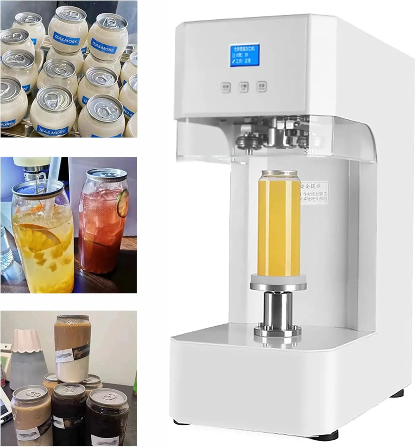 Commercial automatic beverage cup and bottle sealing system for professional packaging.