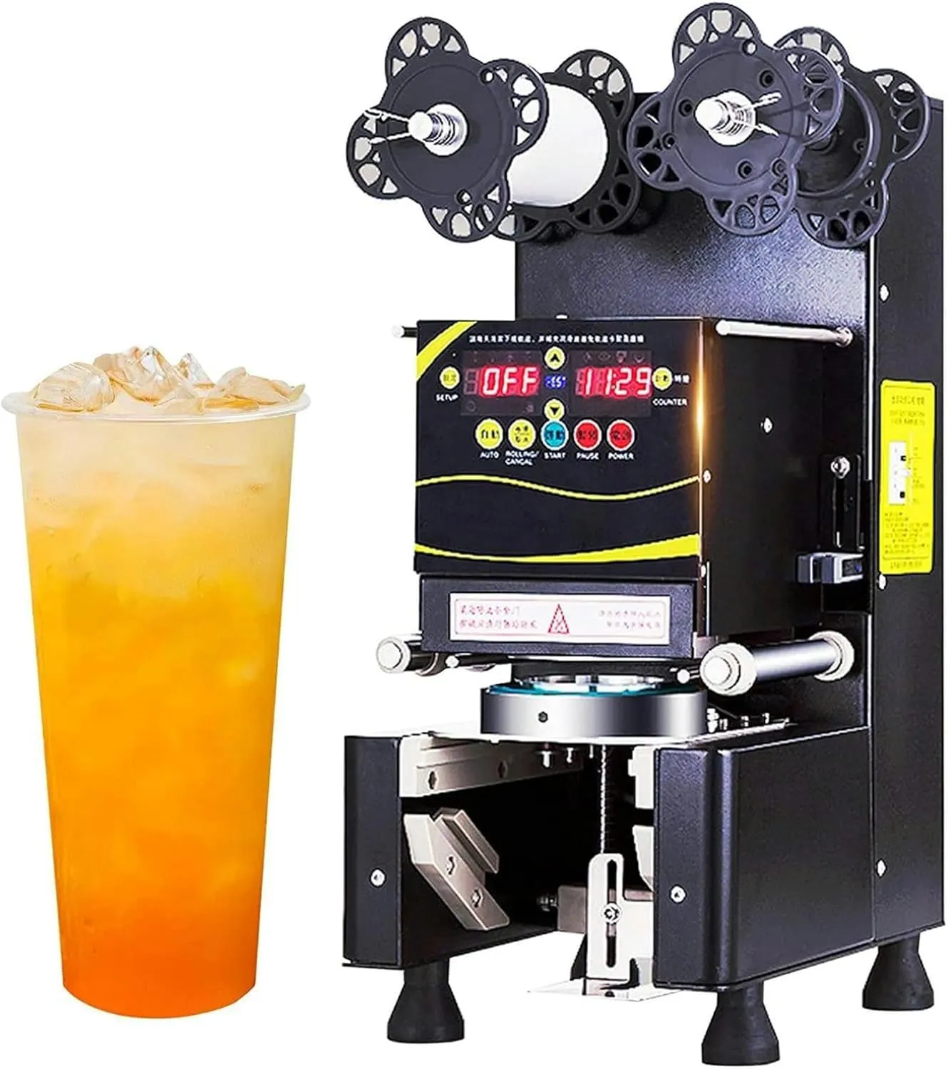 Commercial automatic beverage sealing machine for cups and bottles in food service operations.