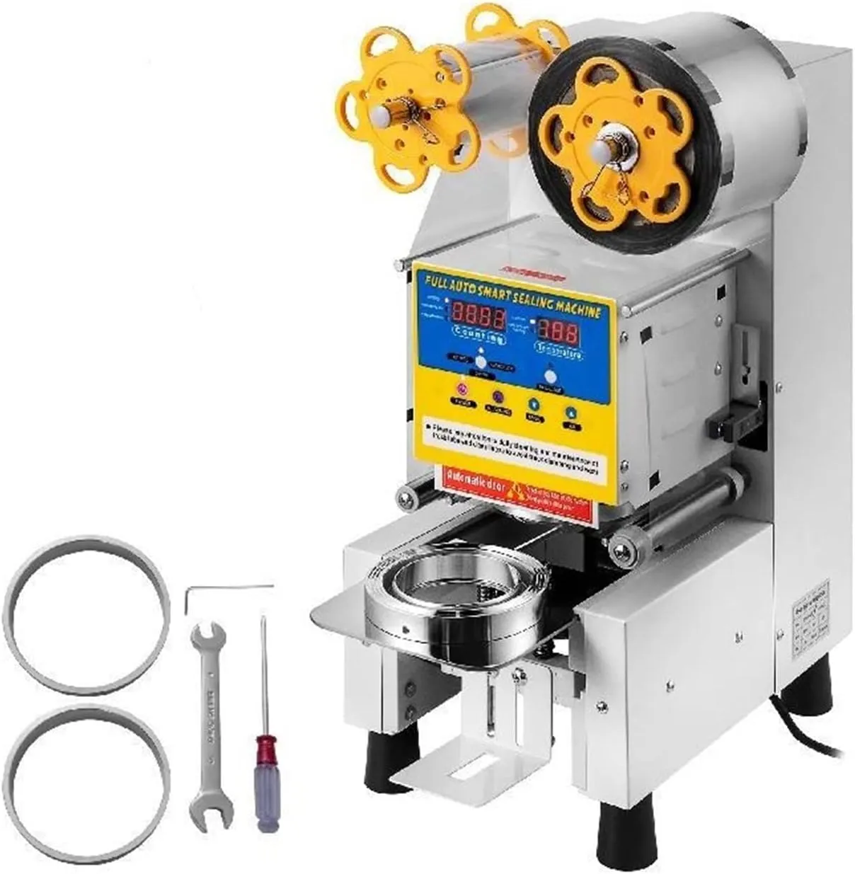 Commercial automatic cup sealing machine with smart count function for beverage packaging.