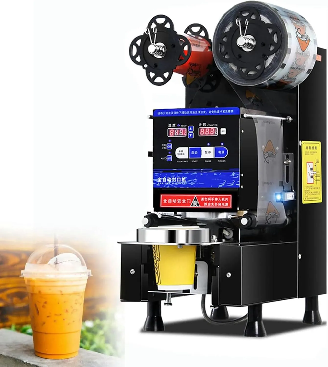 Commercial automatic cup sealing machine with digital control for professional beverage packaging.