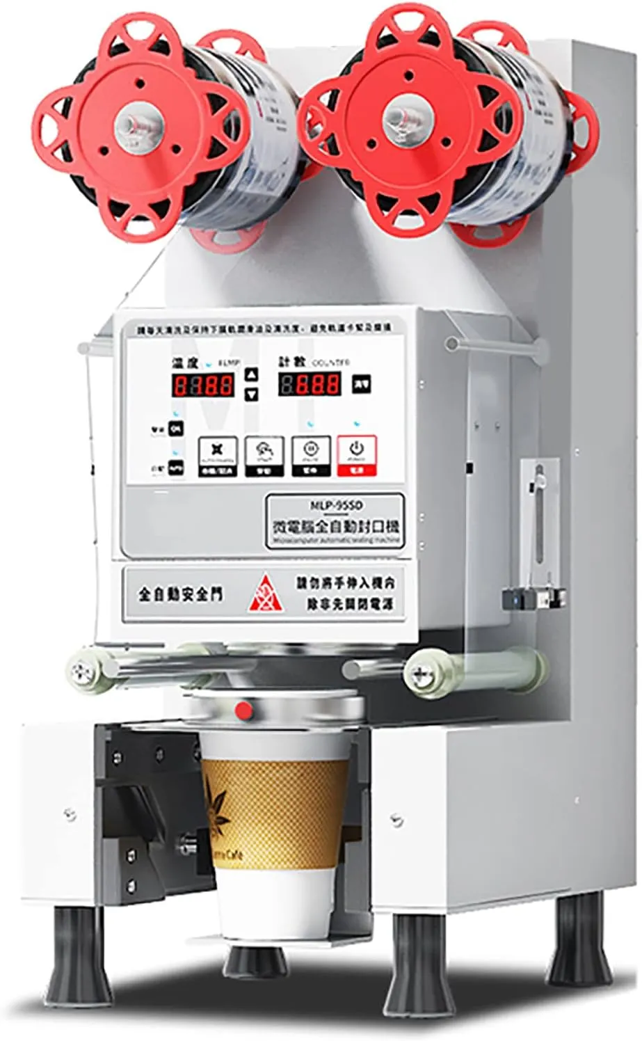 Commercial automatic cup and bottle sealing machine for beverage packaging in restaurants and cafes.