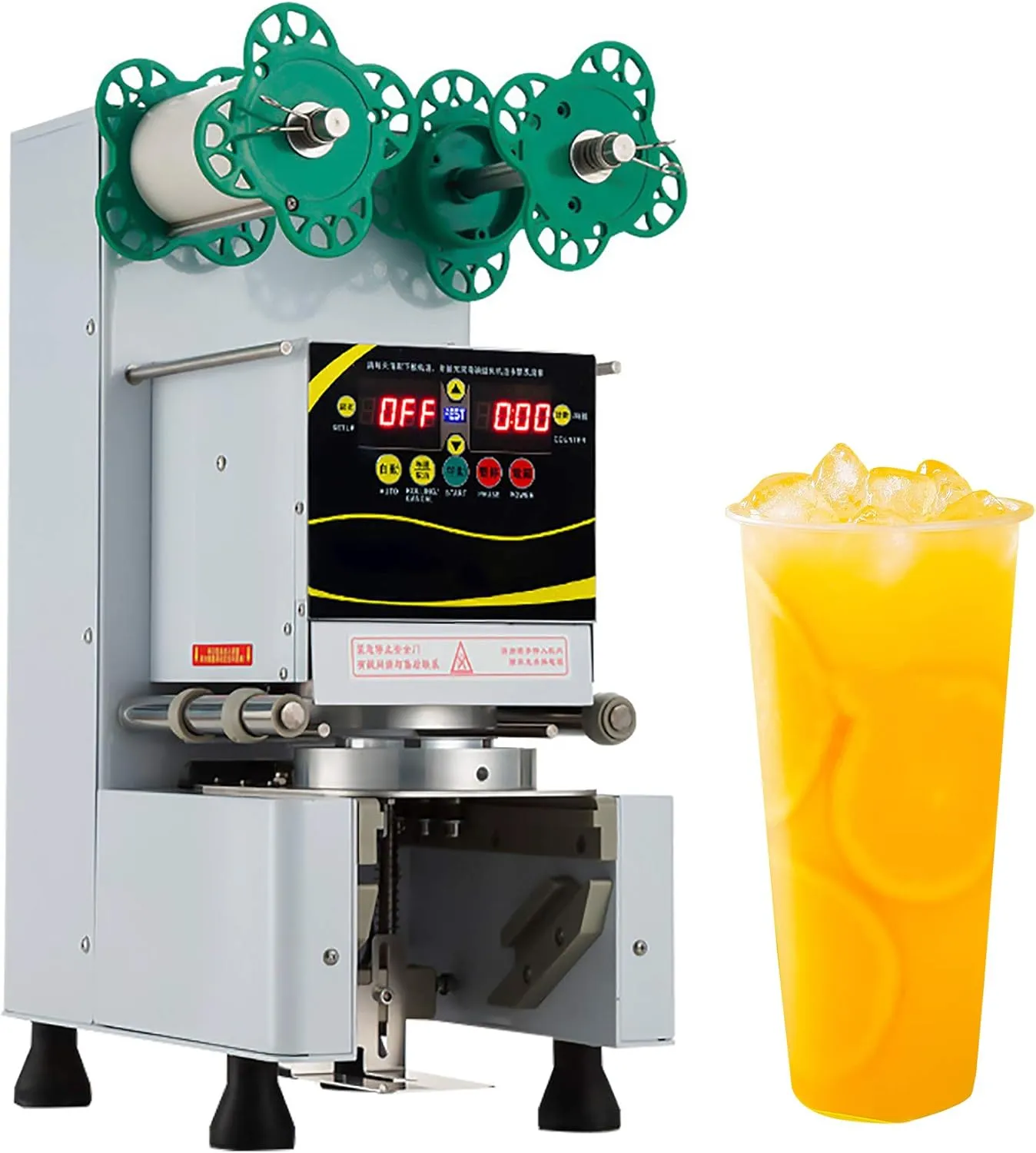 Commercial electric automatic drink cup sealer for cafes, juice bars, and restaurants.