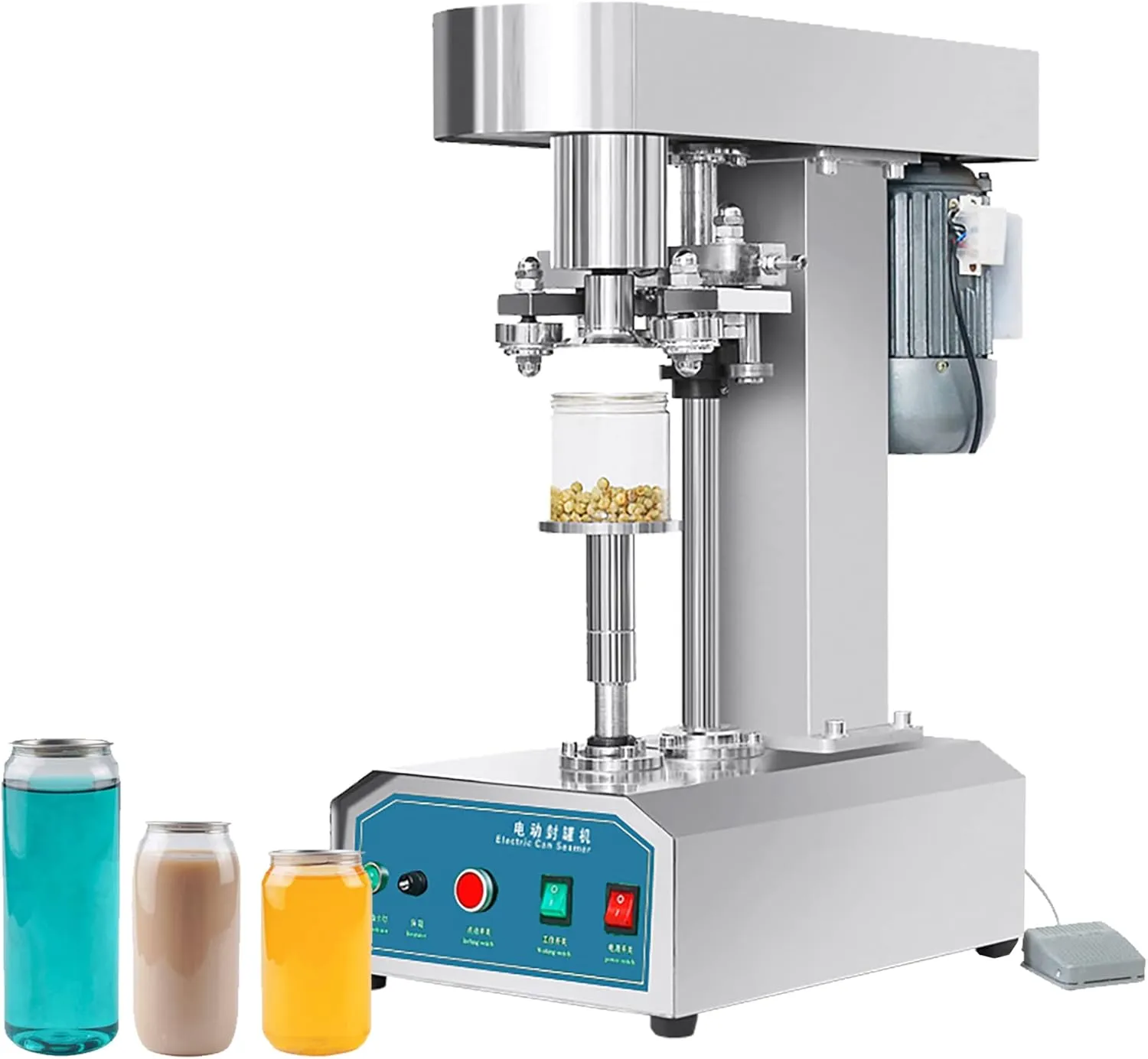 Commercial semi-automatic electric can sealer machine for food and beverage packaging.