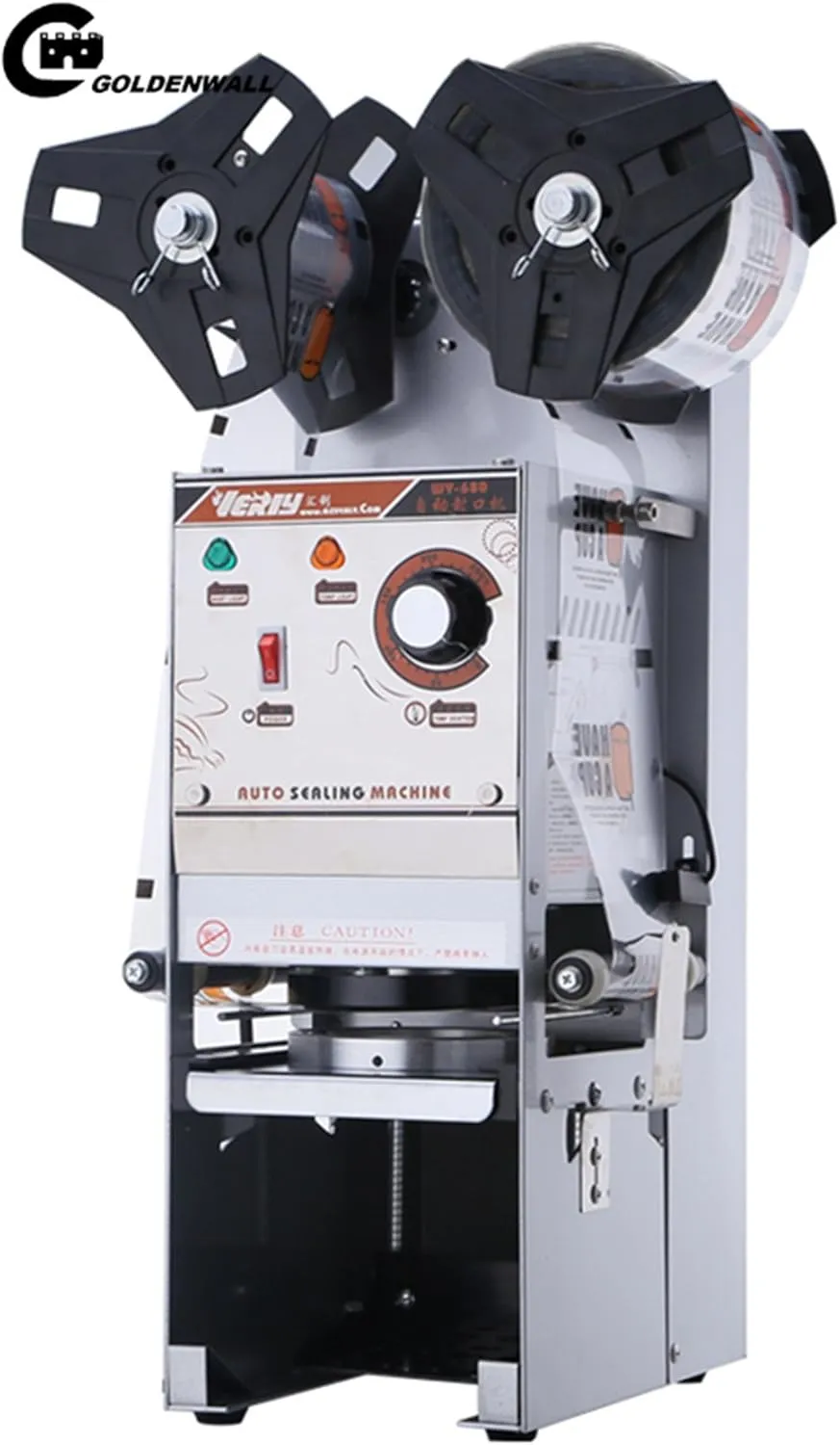 Commercial stainless steel automatic beverage cup sealing machine for professional use.