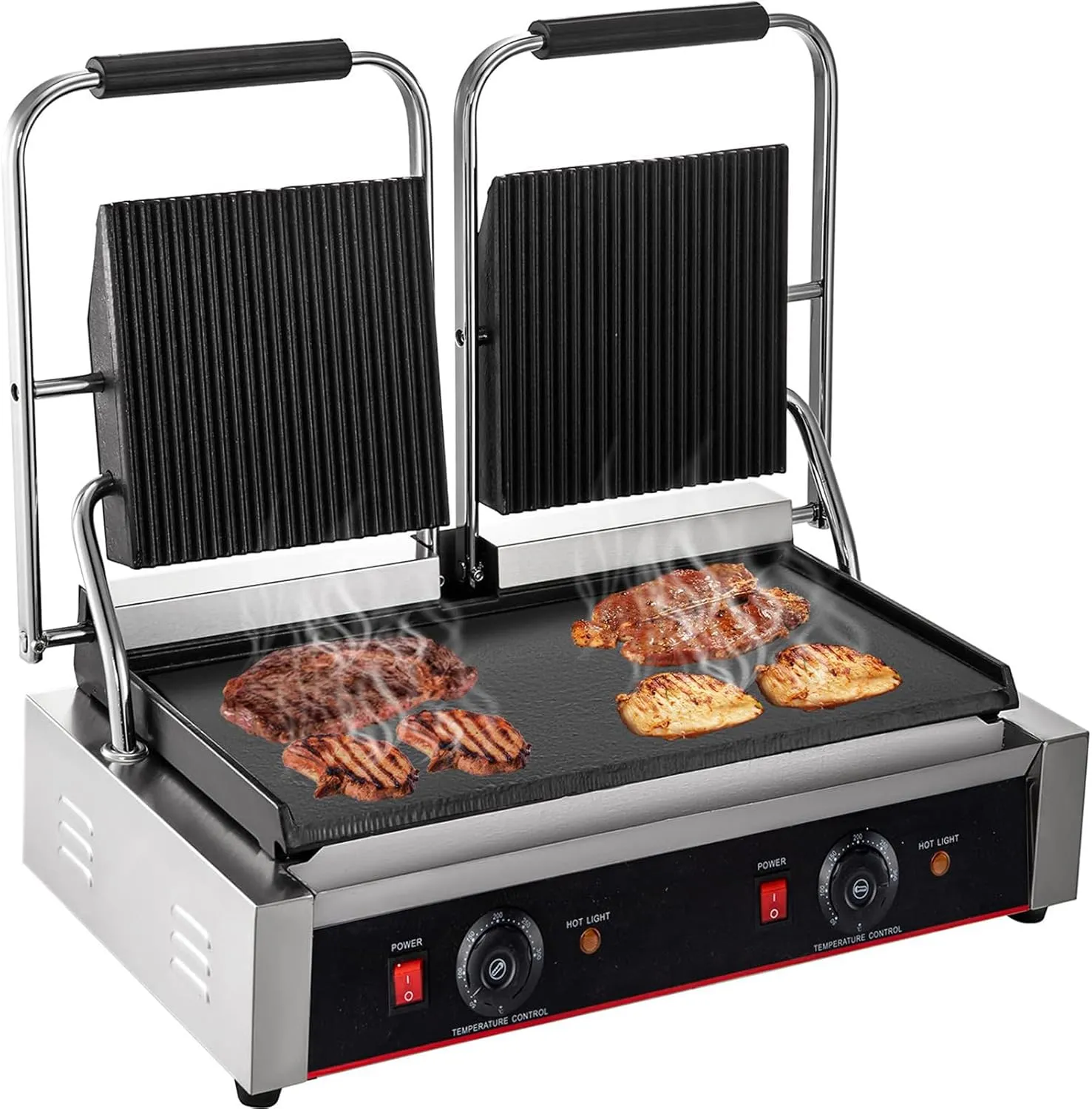 Commercial stainless steel countertop charcoal barbecue grill with thermostatic temperature control.
